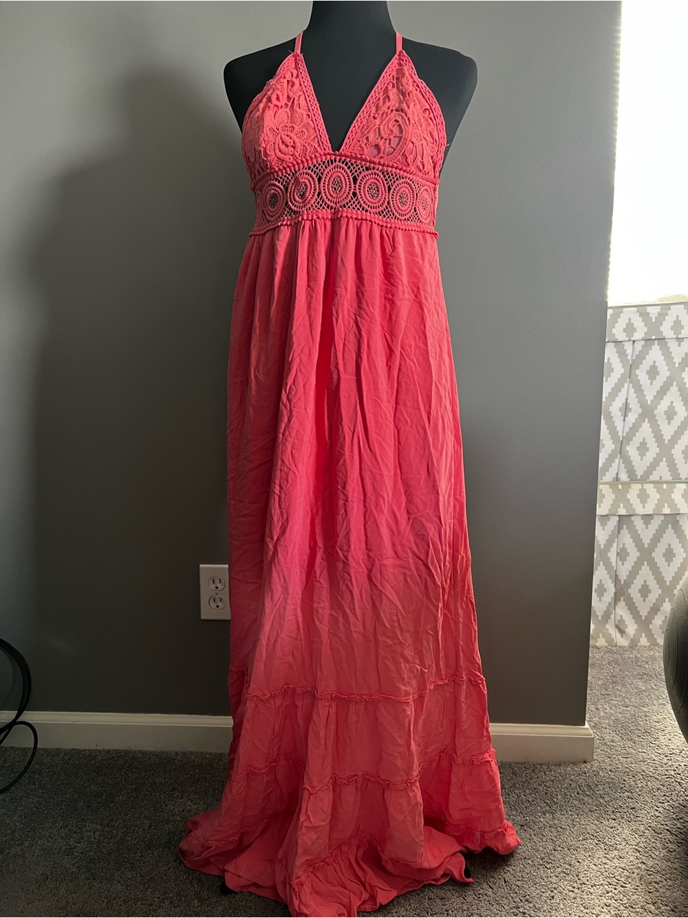 Rue21 Coral Crochet Halter Maxi Dress